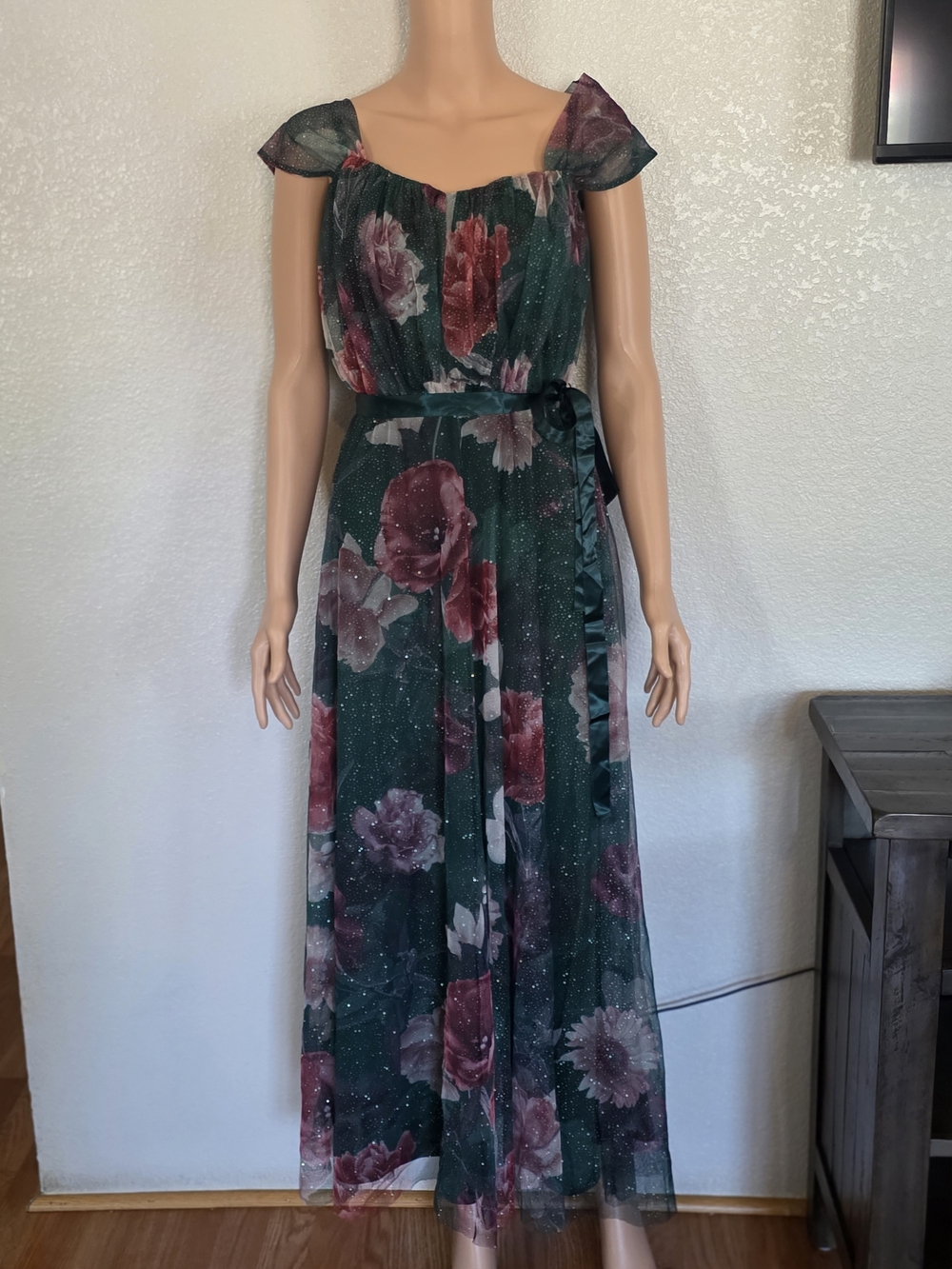 Floral Green Maxi Dress with Pink Rose Print